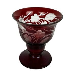 VTG Cranberry Glass Cordial Etched Leaf Pattern 2.5" Tall